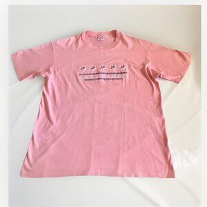 Vintage Lake Tahoe Pink Floral Embroidered T-Shirt Size‎ XL Single Stitch USA
